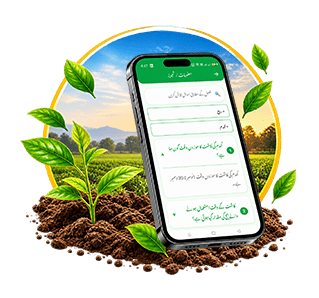 مٹی سے اگتے پودوں کے ساتھ موبائل فون پر زرعی سوال پوچھنے کی اسکرین۔